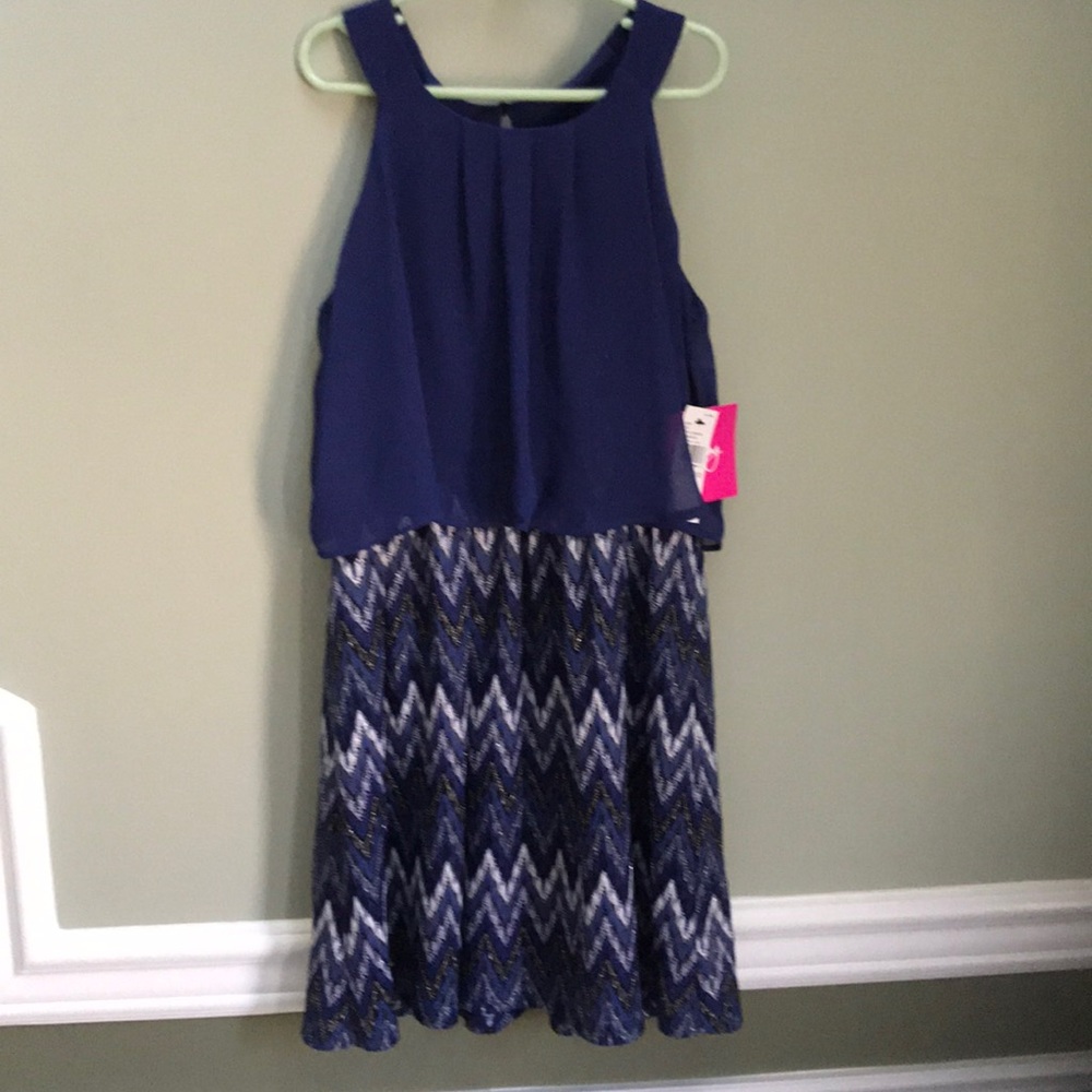 Blue Big Girls Dress with Attached Necklace